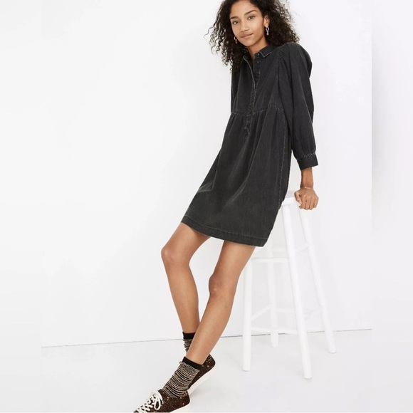 Madewell Denim Babydoll Button Front Shirtdress in Washed Black Size Medium Boho - Picture 4 of 12